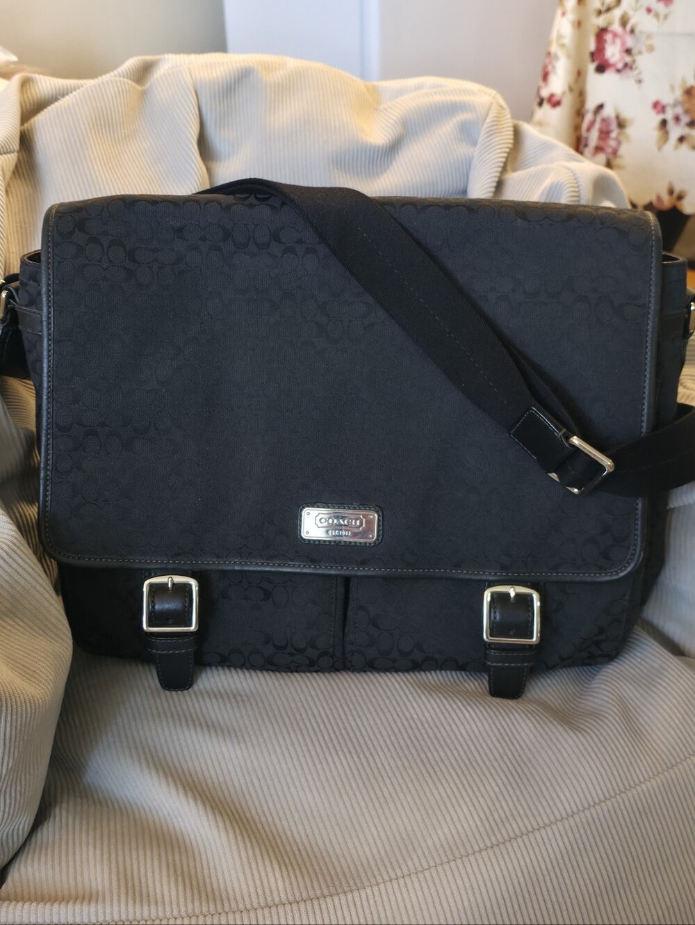 Coach Black Signature Messenger Bag with Buckle Accents